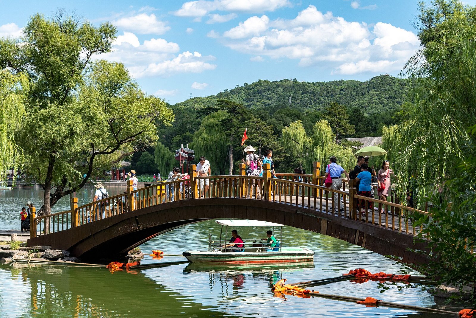 Chengde Mountain Resort: Imperial Autumn Beyond the Wall 2 Wooden arched bridge over the lake at Chengde Mountain Resort with willows and wooded hills behind