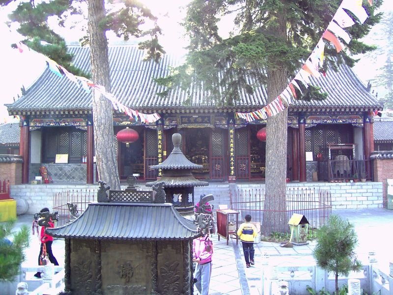 Pilgrims climbing the stone steps to Dailuoding temple above the Wutai Shan valley