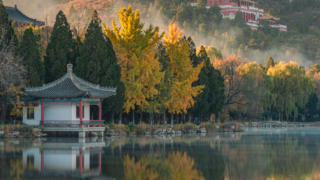 Autumn view of Chengde Mountain Resort with golden ginkgo trees and a lakeside pavilion
