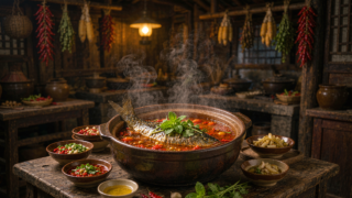 Guizhou sour soup fish hotpot in a clay pot with red fermented sour soup, chilli dip and litsea oil on a wooden table