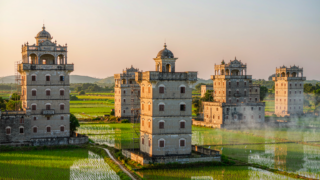 Fortified Chinese watchtowers with Italianate rooftops standing among green rice paddies in Kaiping, Guangdong