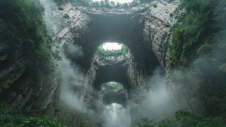 Three limestone arches of the Wulong karst sinkhole seen from the gorge floor in drifting mist
