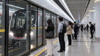 A modern metro station platform with a train arriving behind glass platform screen doors