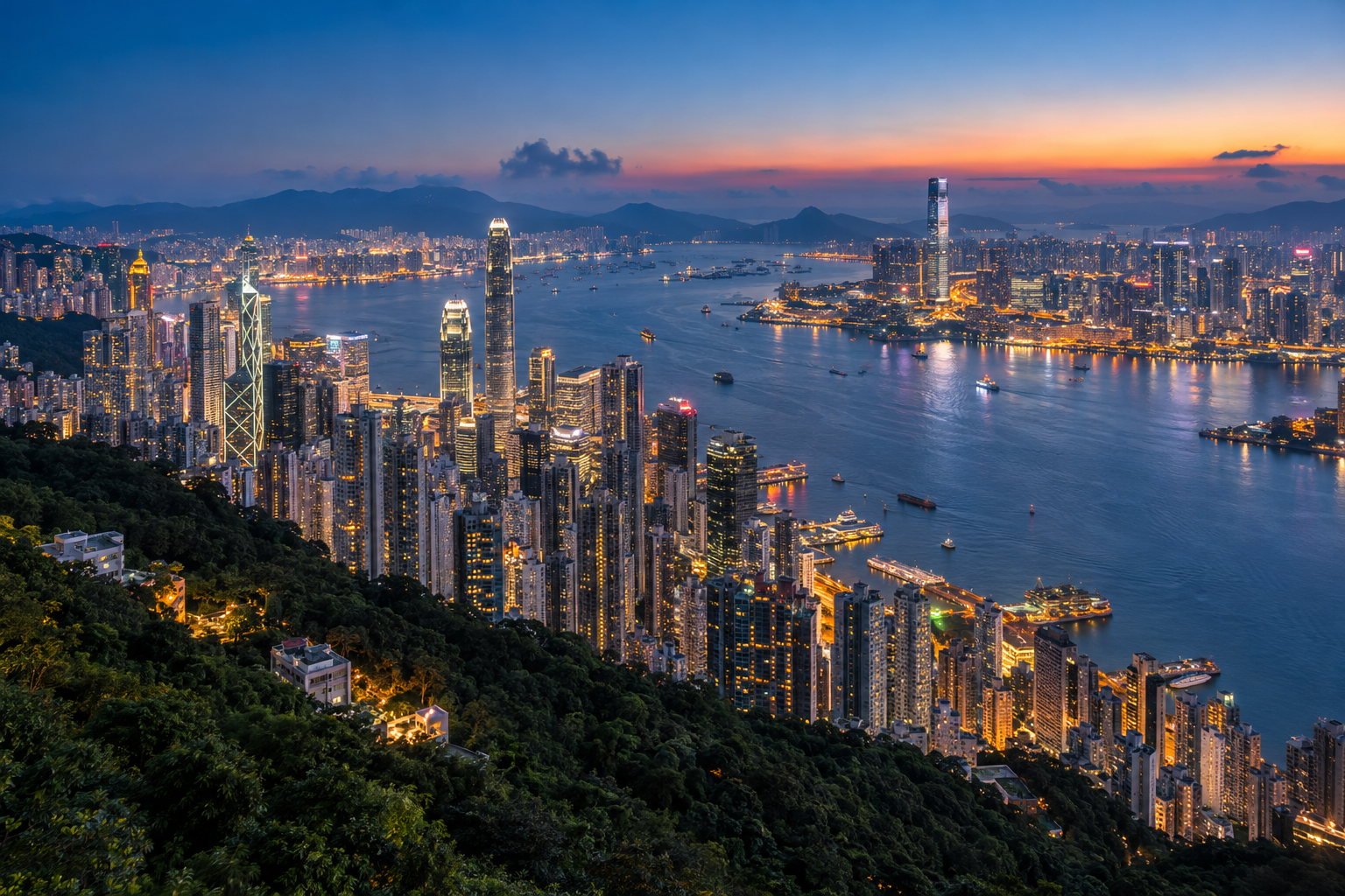 Hong Kong Island and Kowloon skylines seen across Victoria Harbour from Victoria Peak at blue hour