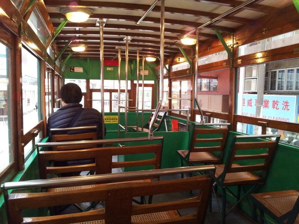 Upper deck interior of a Hong Kong Tramways double-decker tram