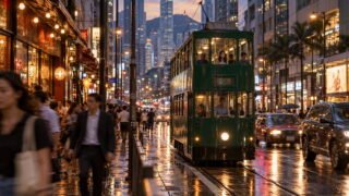 A green double-decker Hong Kong tram passing through a busy Wan Chai street at dusk