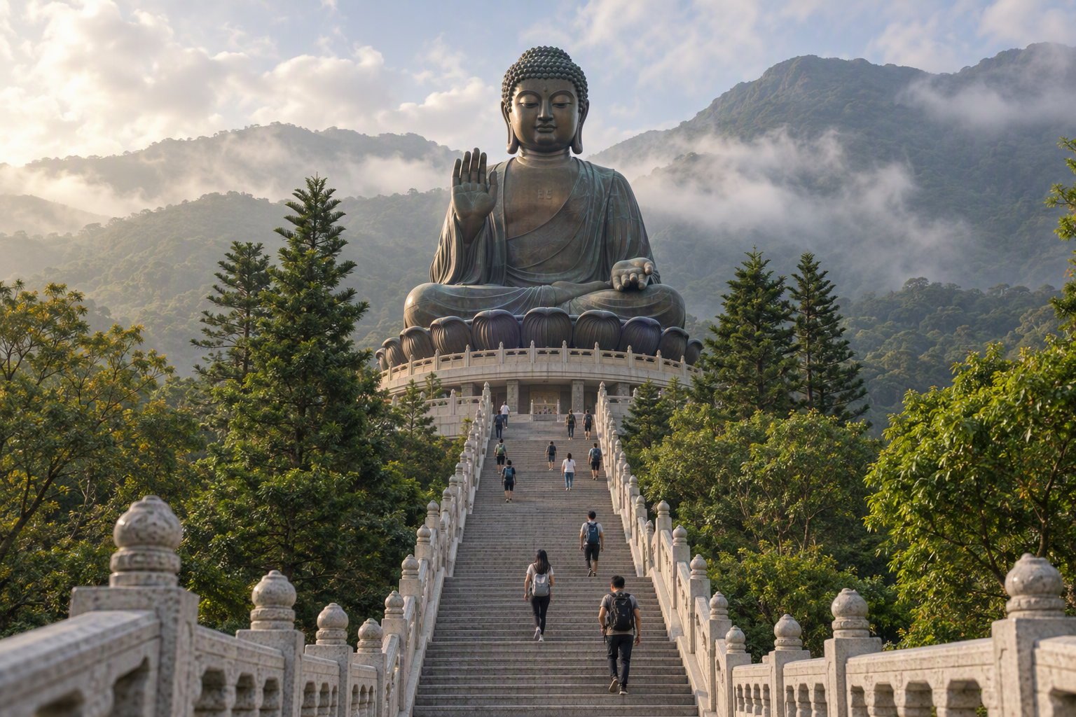 Hong Kong Itinerary: 5 Days With Lantau and Sai Kung 1 The Tian Tan Big Buddha statue on Lantau Island, Hong Kong, seen from the base of the stone steps