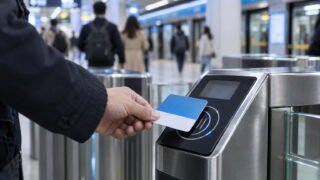 A traveller tapping a transit smart card on the reader of a metro station turnstile
