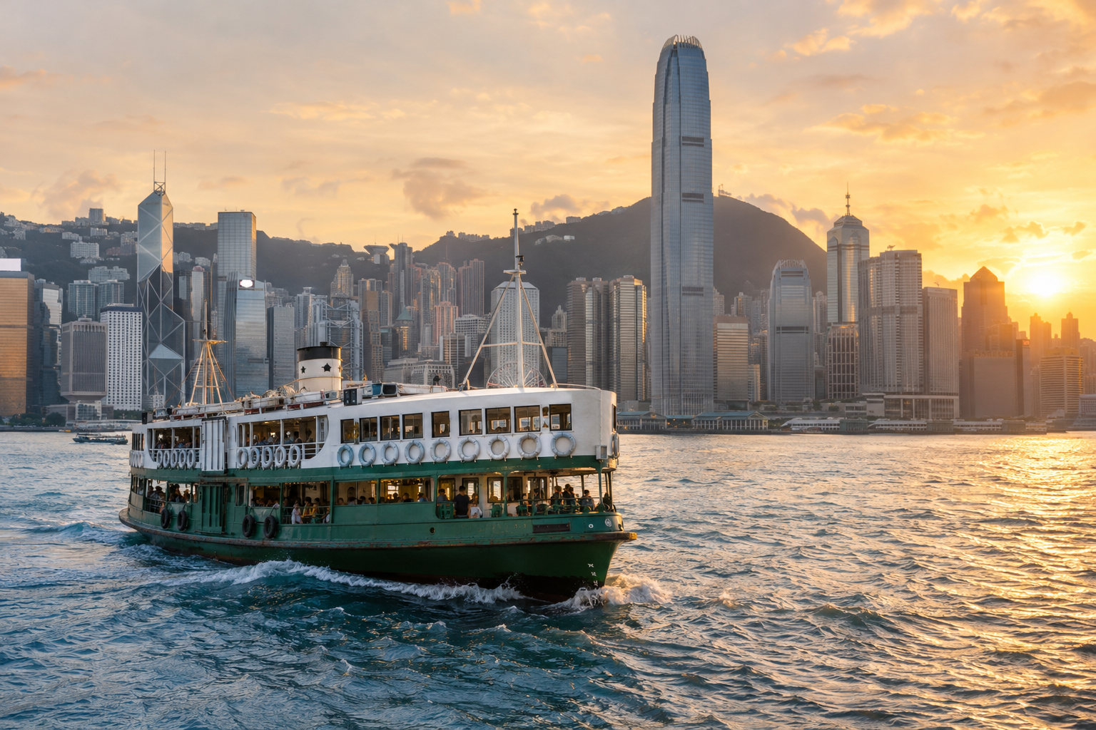 The green and white Star Ferry crossing Victoria Harbour at golden hour with the Hong Kong skyline behind
