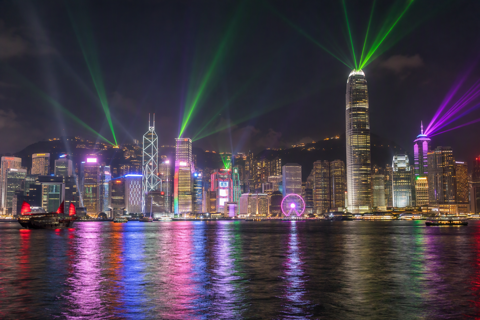 Laser beams of the Hong Kong Symphony of Lights sweeping across the Victoria Harbour skyline at night