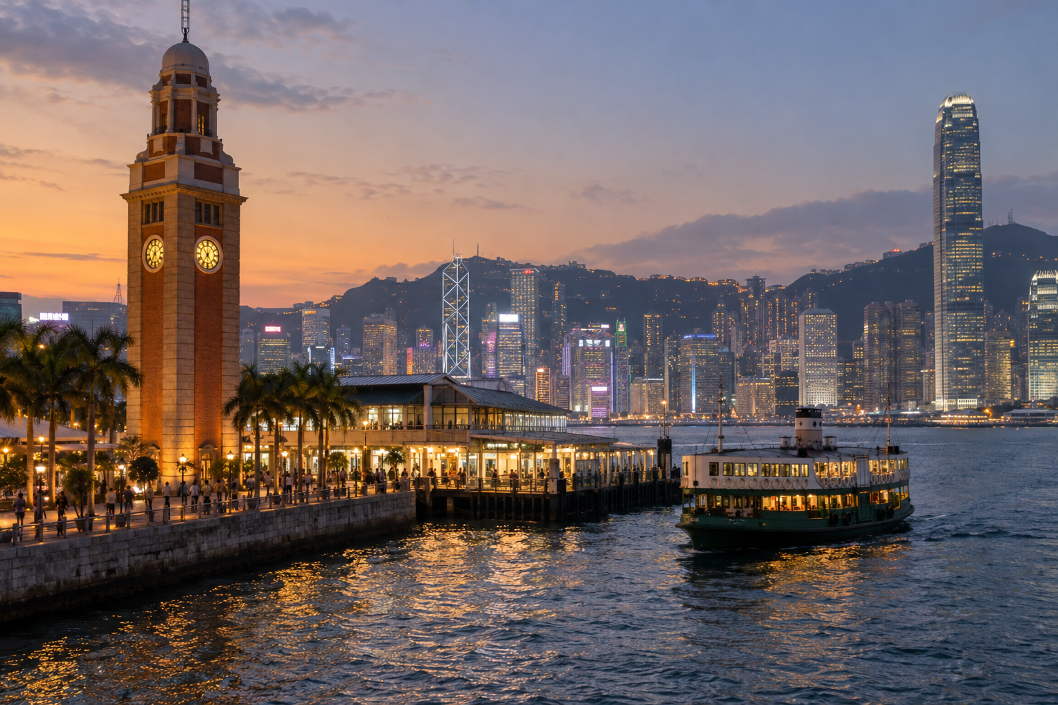 The historic Clock Tower and Star Ferry Pier in Tsim Sha Tsui at dusk with the Hong Kong skyline behind