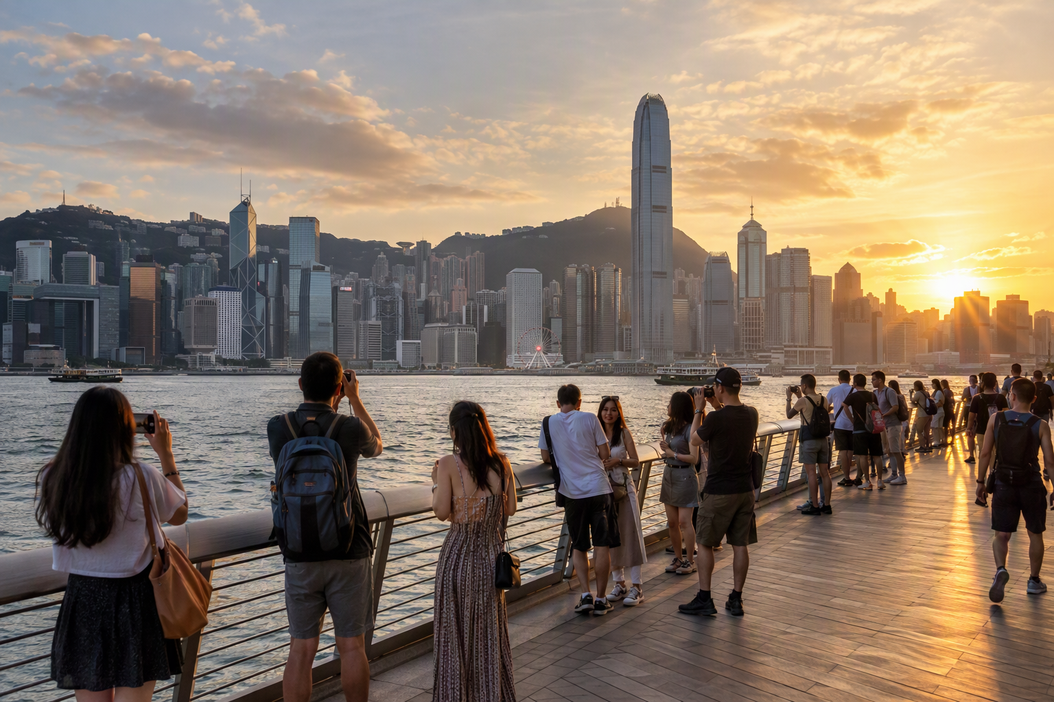 Tourists watching the sunset over Victoria Harbour from the Tsim Sha Tsui Promenade in Hong Kong