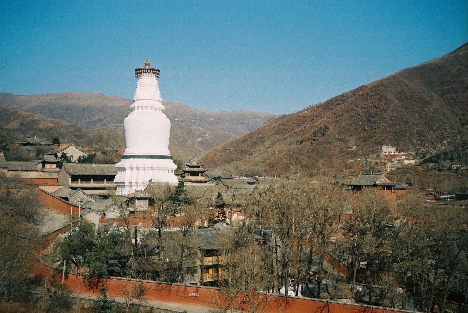 Wutai Shan pilgrimage valley view of Taihuai village and the white stupa of Tayuan Monastery